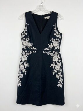 LOFT Black Sleeveless V-Neck Embroidered Midi Dress